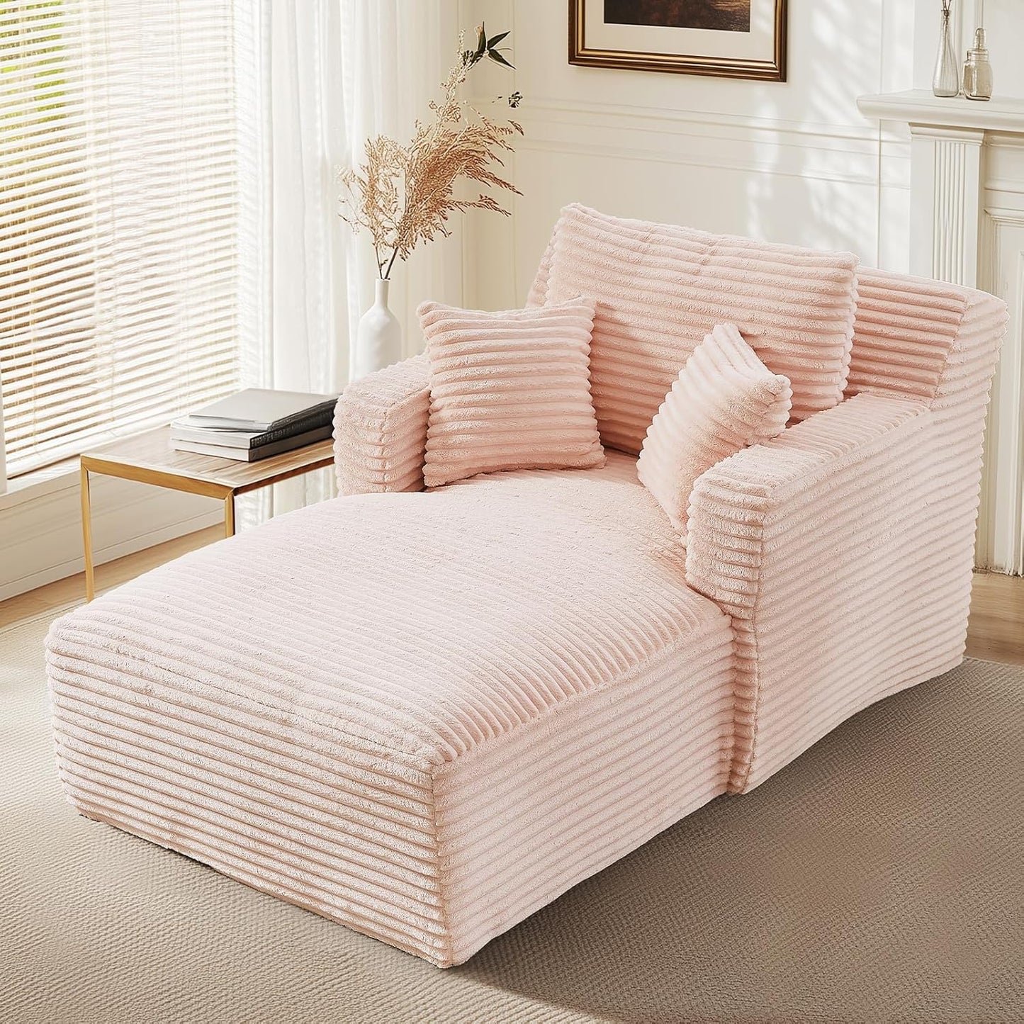 65.4" Chaise Lounge Chair Indoor, Oversized Boneless Couch Comfy Upholstered Sleeper Sofa Bed with 3 Pillows, Corduroy Cloud Reading Chair for Living Room No Assembly Required, Pink