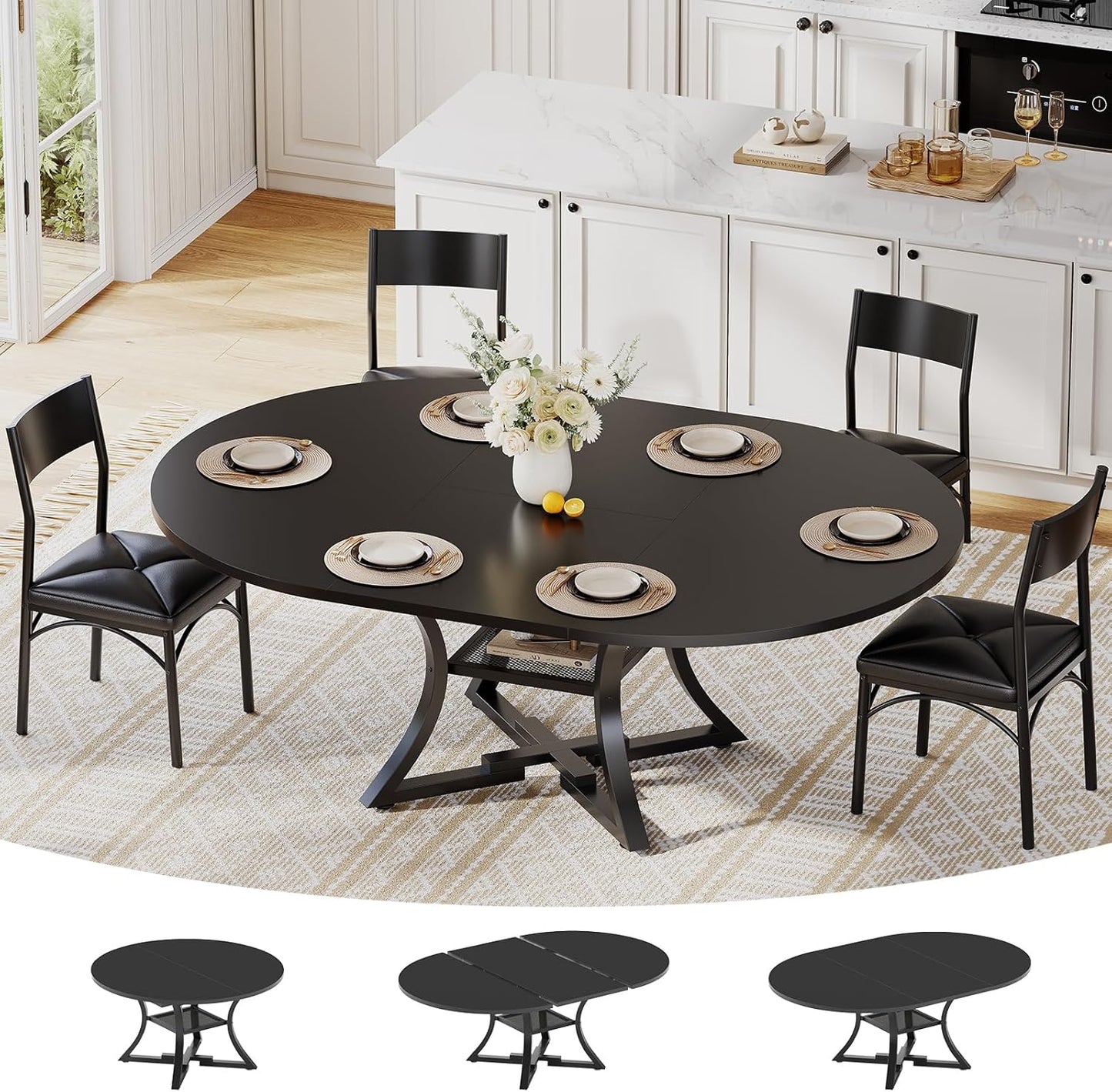 round Extendable Dining Table Set for 4-6 People, 5-Piece Kitchen Table Set with 4 Cushion Chairs, Dining Room Table for 6 with MDF Board & Metal Frame for Small Space, Easy Clean, Black