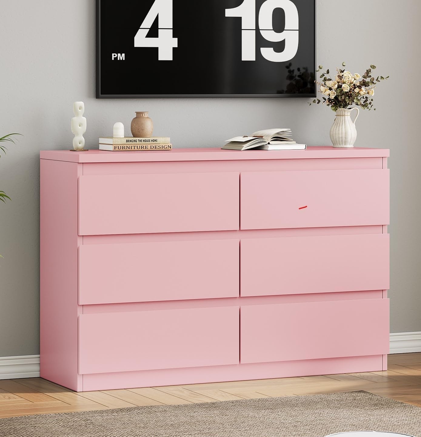Modern Pink 6 Drawer Dresser - Simply Chest of Drawers for Bedroom, Closet, Living Room, Hallway, Entryway, Wood Storage Double Dresser with Smooth Metal Rails - Pink