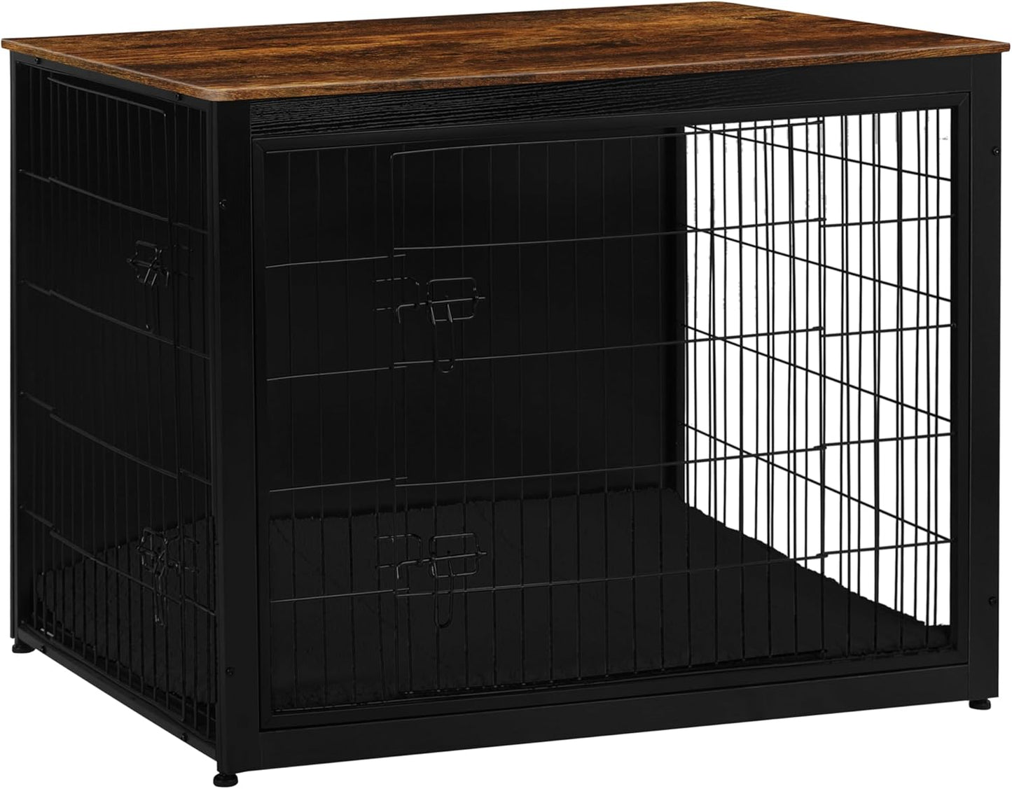 Dog Crate Furniture with Cushion, Wooden Kennel Table with Double Doors, Indoor Dog House, Extra Large Size, 43.3" L, Black+Rustic Brown