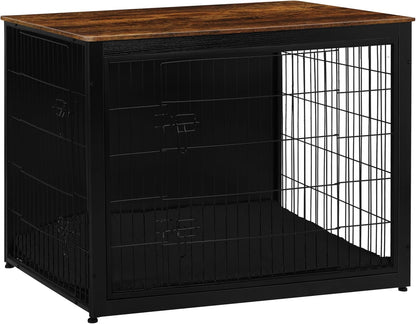 Dog Crate Furniture with Cushion, Wooden Kennel Table with Double Doors, Indoor Dog House, Extra Large Size, 43.3" L, Black+Rustic Brown
