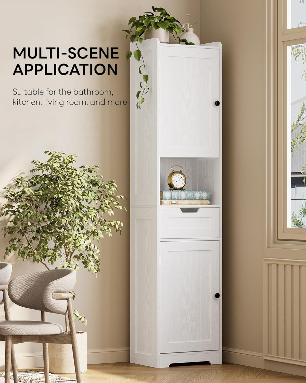 68" Tall Bathroom Storage Cabinet with Lights, Narrow Bathroom Storage Cabinet with Adjustable Shelves & 2 Hooks, Slim Freestanding Cabinet for Small Space, Kitchen, Living Room, White