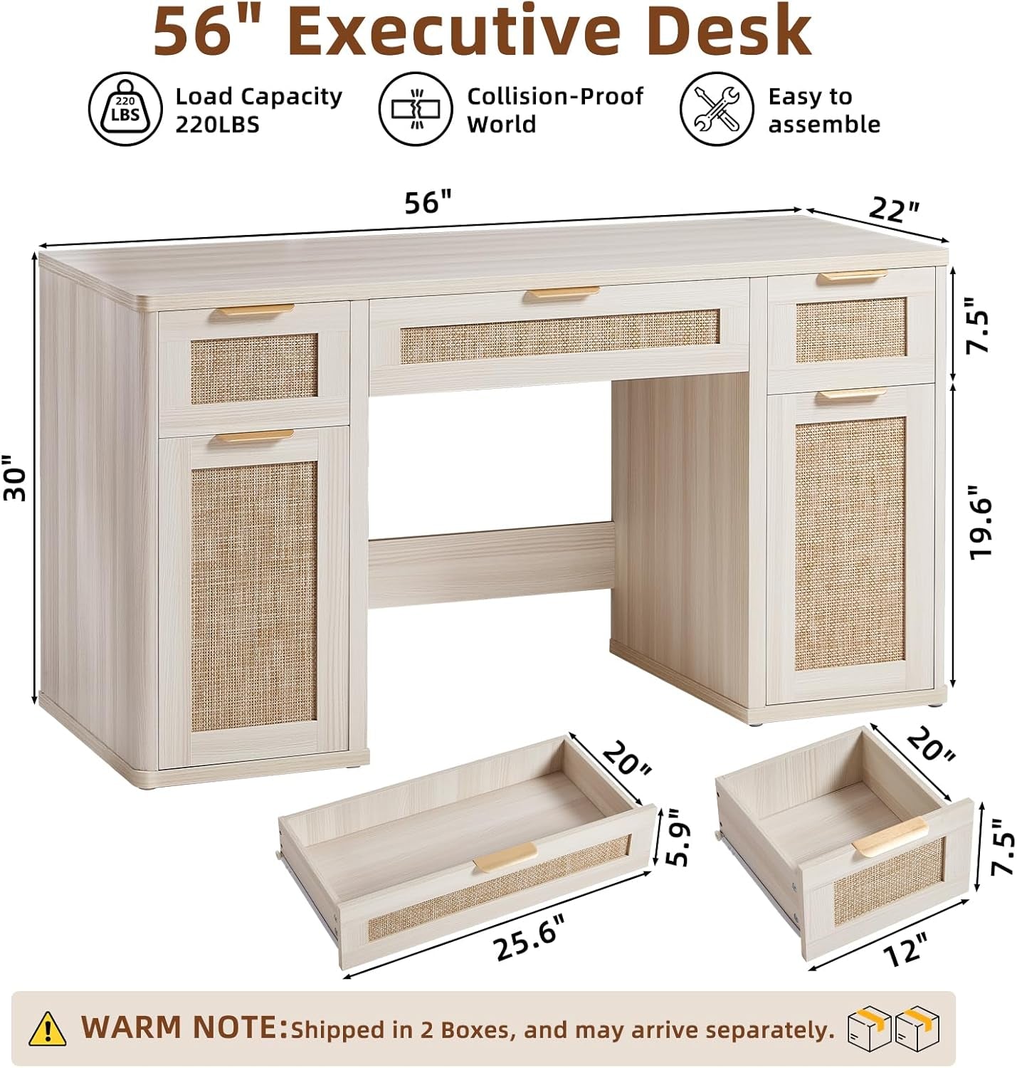 56'' Rattan Farmhouse Executive Desk with Drawers, Wood Home Office Desk with File Cabinet and Metal Handles, Large Vintage Computer Desk for Home, Bedroom, Living Room （Grey）