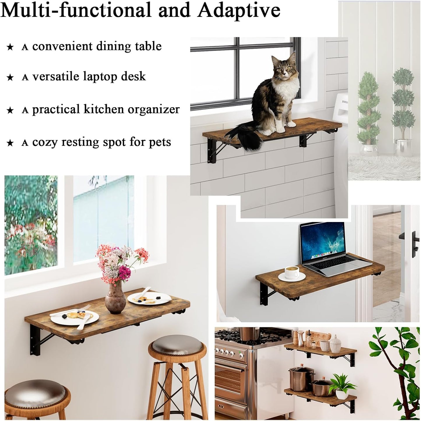 Wall Mounted Folding Table, Rustic Brown Floating Wall Desk for Small Spaces, Drop Leaf Dining Table for Kitchen Fold down Laundry Shelf with Heavy-Duty Brackets