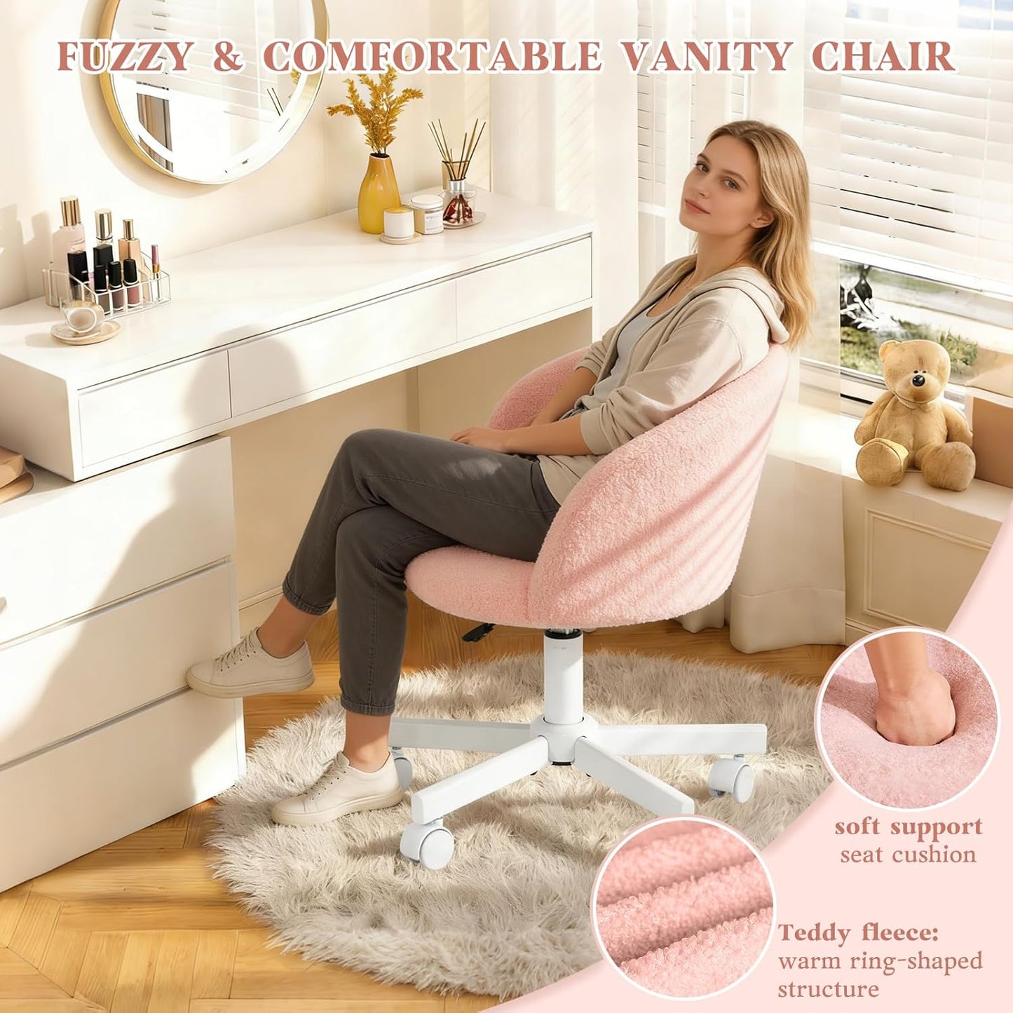 Pink Vanity Chair with Wheels - Swivel Makeup Chair Small Computer Chair with Back Adjustable Height Desk Chair for Girl & Woman, Cozy Fuzzy Velvet Chair for Bedroom & Home Office