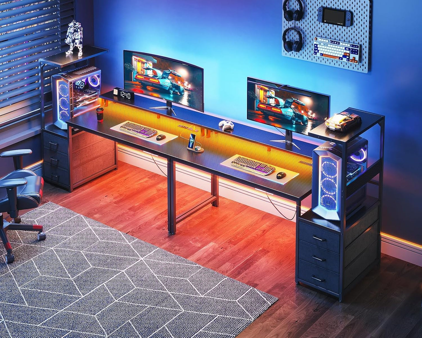 59 Inch Gaming Desk with USB Charging Ports & LED Light- Reversible Computer Desk with Storage Shelves & Monitor Stand, Modern Gamer Desk Table with Fabric Drawers & Side Hook, Carbon Fiber Black