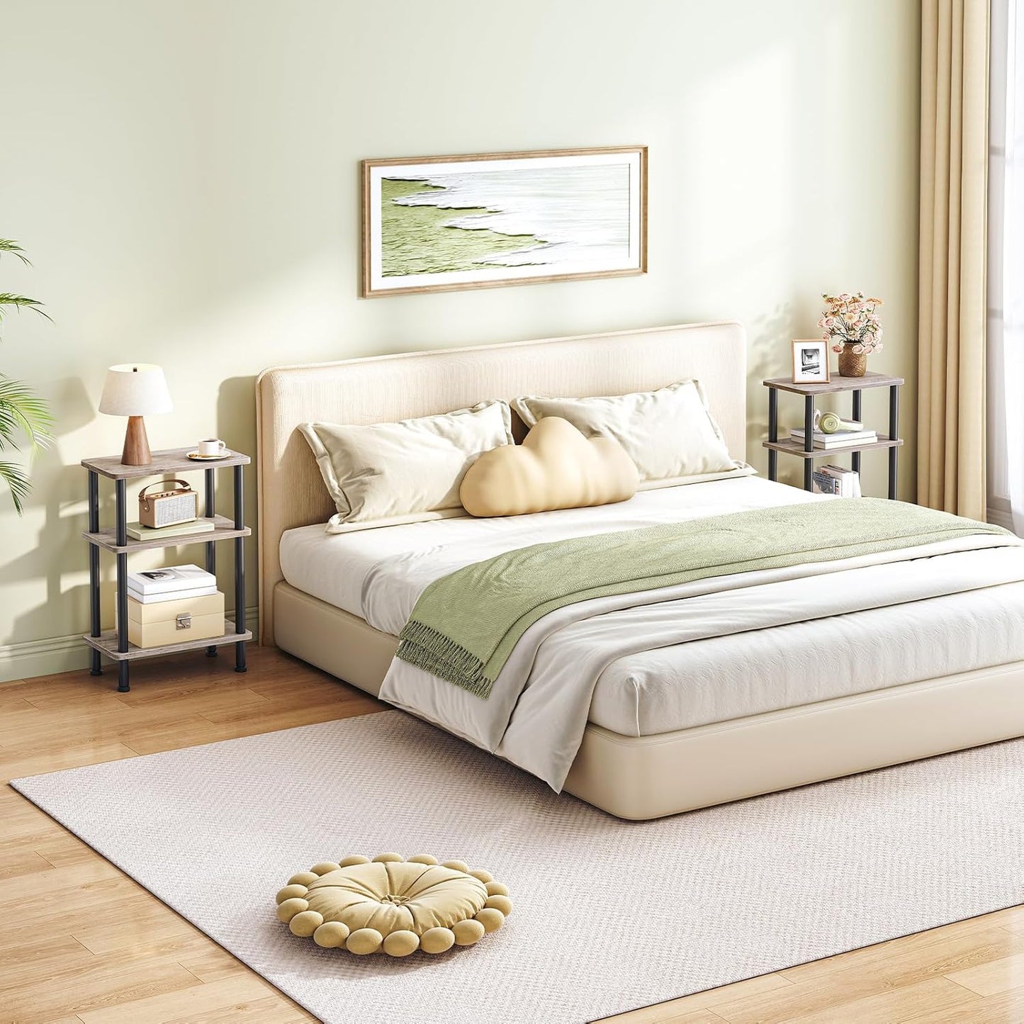 Narrow Side Table, 3-Tier Slim End Table No Tools Needed, Twist-On Assembly, Skinny Nightstand Sofa Storage Shelf for Living Room, Bedroom, Study, Greige and Black BG246BZ01