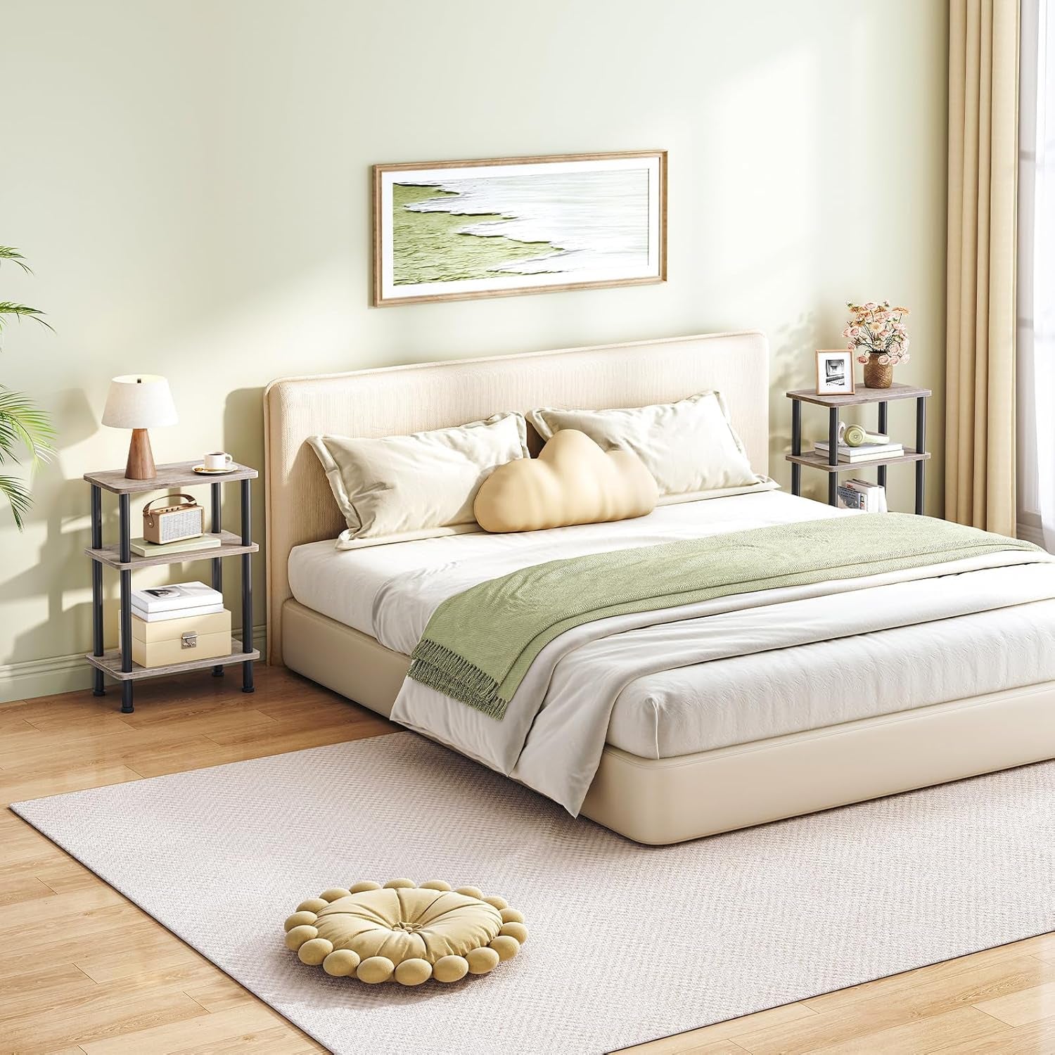 Narrow Side Table, 3-Tier Slim End Table No Tools Needed, Twist-On Assembly, Skinny Nightstand Sofa Storage Shelf for Living Room, Bedroom, Study, Greige and Black BG246BZ01