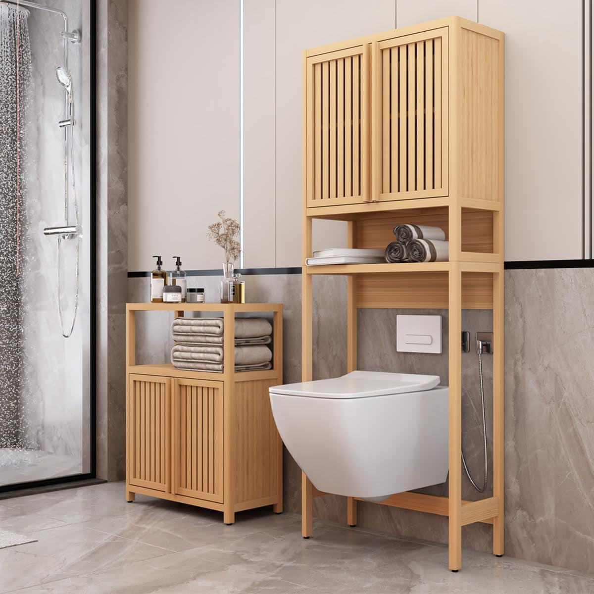 Bamboo over the Toilet Storage Cabinet - 67" Tall Freestanding Toilet Storage with 2 Doors & Open Shelf, Extra Large Capacity Space Saver for Bathroom, Laundry Room (Natural)