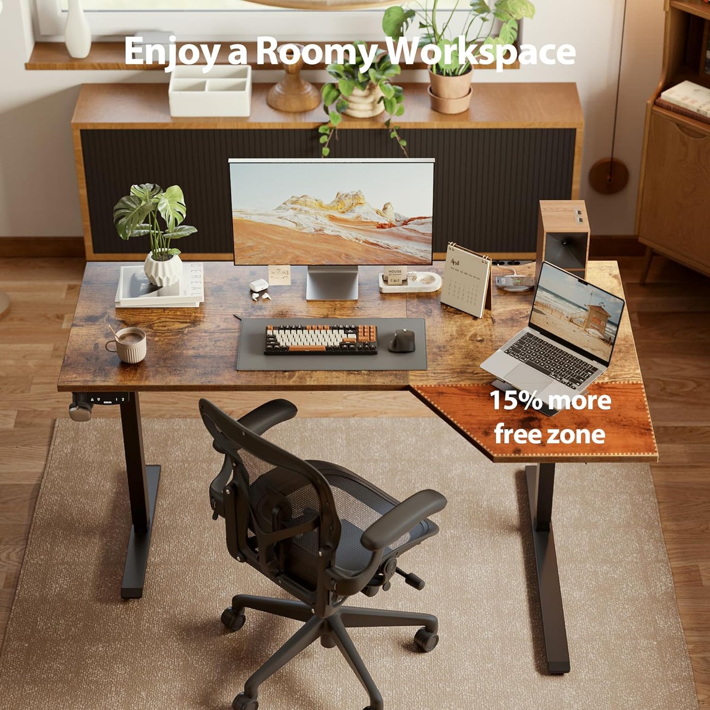Electric Standing Desk, Height Adjustable Desk, 55 X 32 Inch Sit Stand up for Work Office Home, L Shaped Ergonomic Rising Computer Table with Memory Preset, Rustic Brown