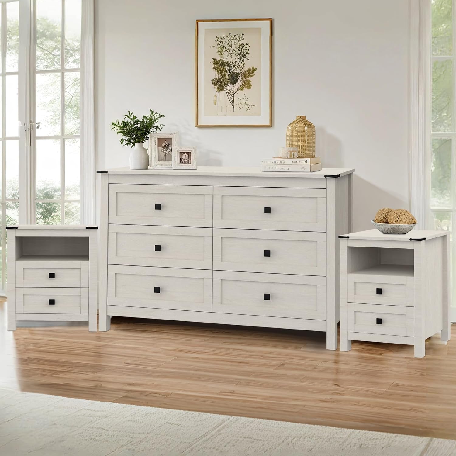Farmhouse Bedroom Set, 3 Pieces Bedroom Furniture Set, Rustic Wood 6 Drawer Dresser and Nightstands, Chest of Drawers Wide Storage Organizer Cabinet for Bedroom