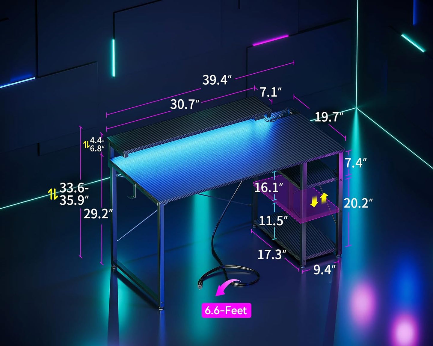40 Inch Small Gaming Desk with Storage & Led Lights, Computer Desk with Power Outlet & Shelf, Reversible Gamer Desk with Adjustable Monitor Stand, Carbon Fiber Texture Black