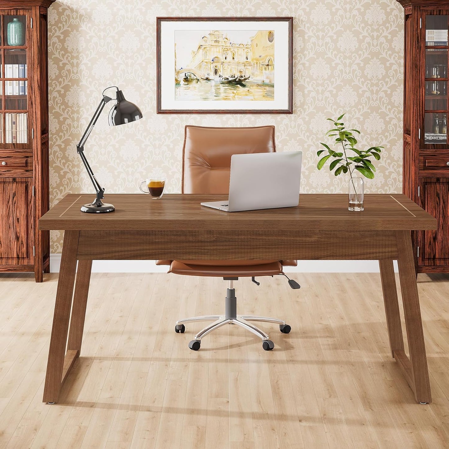 Home Office Executive Desk: 55 Inches Wooden Computer Desk with Drawer, Mid-Century Modern Study Writing Table, Rustic PC Laptop Desk Workstation Furniture, Walnut Brown
