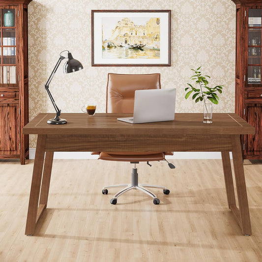 Home Office Executive Desk: 55 Inches Wooden Computer Desk with Drawer, Mid-Century Modern Study Writing Table, Rustic PC Laptop Desk Workstation Furniture, Walnut Brown