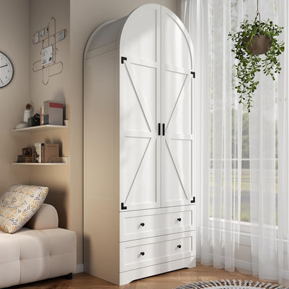 74.8" Armoire Wardrobe Closet with 2 Drawers and 2 Doors, Tall Bedroom Freestanding Armoire Storage Cabinet with Shelves, Wood Large Wardrobe Combination for Hanging Clothes (White)