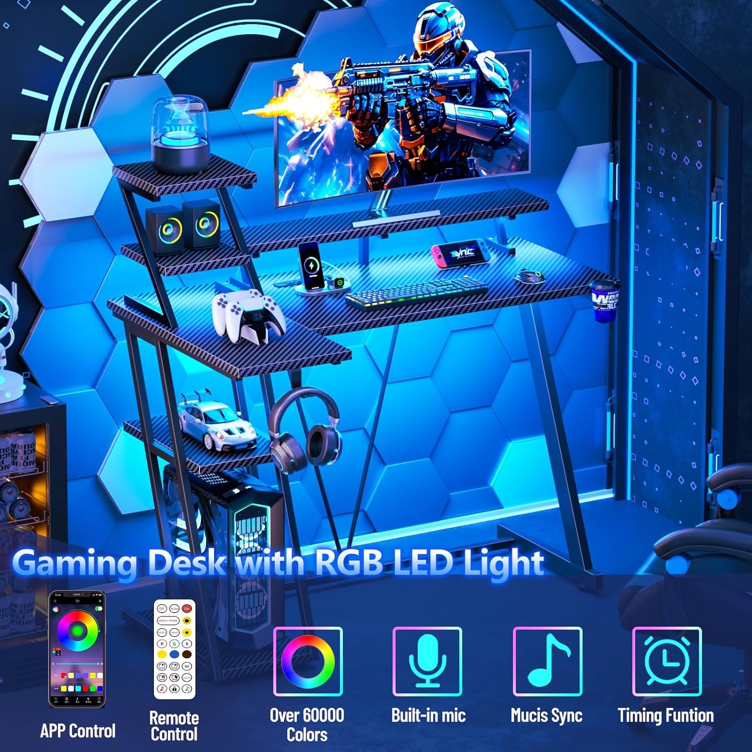 39 Inch Gaming Desk with LED Lights & Power Outlet, Small Gaming Computer Desk with Storage Shelves, L Shaped Gamer Workstations with Monitor Stand for Bedroom, Carbon Fiber Black