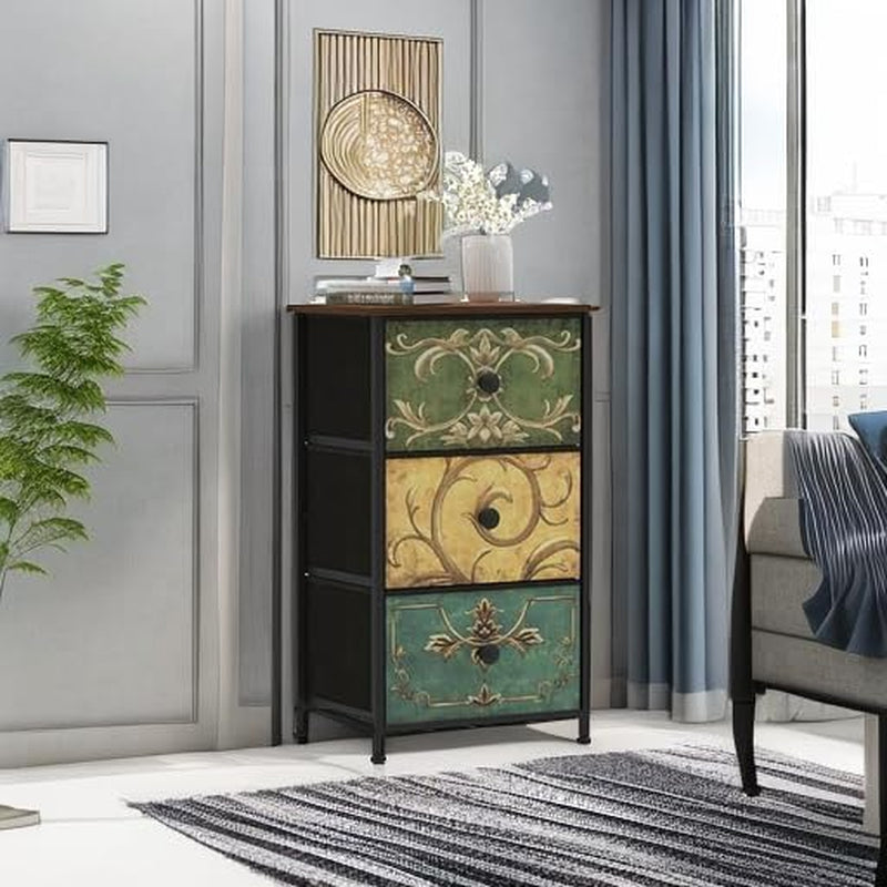 Small Dresser for Bedroom with Retro Flower Narrow Drawers Slim Chest of Drawers Skinny Nightstand Sofa End Table for Living Room Entryway Closet Storage (Multi, 3 Drawers)