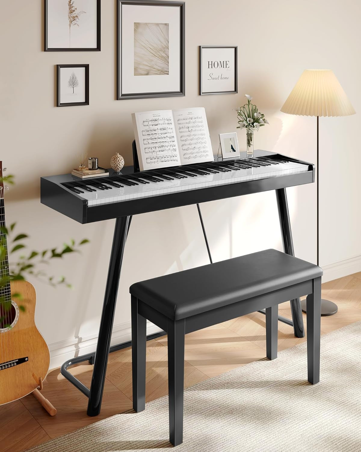Duet Piano Bench with Padded Cushion and Storage Compartment, Piano Chair Seat, 13.4 X 29.1 X 19.7 Inches, Ink Black ULPB75BK