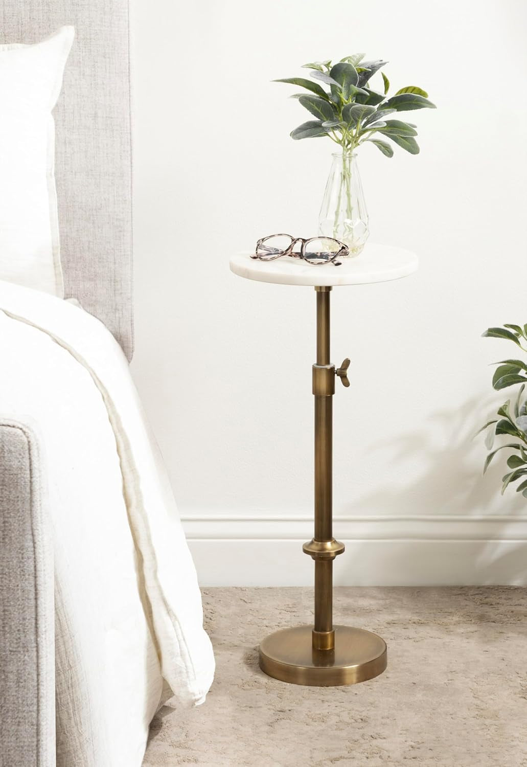 Engles Traditional Adjustable-Height Pedestal Drink Table, 10 X 10 X 30, White Marble and Antique Brass, Vintage round Indoor Metal Plant Stand with Authentic Marble Tabletop