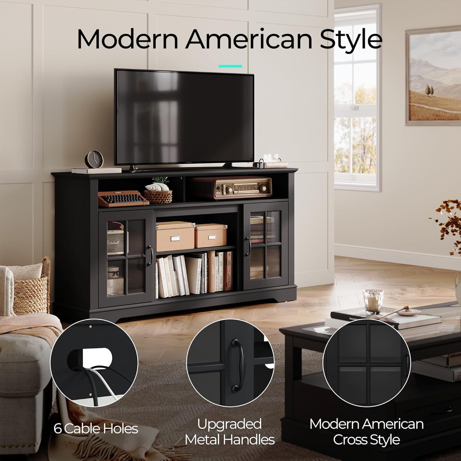 TV Stand for 65 Inch TV, 32" Tall Entertainment Center with LED Lights and Glass Door Storage Cabinet, Modern Farmhouse TV Media Console Table for Living Room, Black