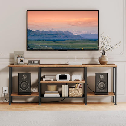 TV Stand with Power Outlets to 65 Inches, TV Console Table with Open Storage Shelves, Industrial Media Entertainment Center for Living Room Bedroom, Rustic Brown and Black BF40DS01