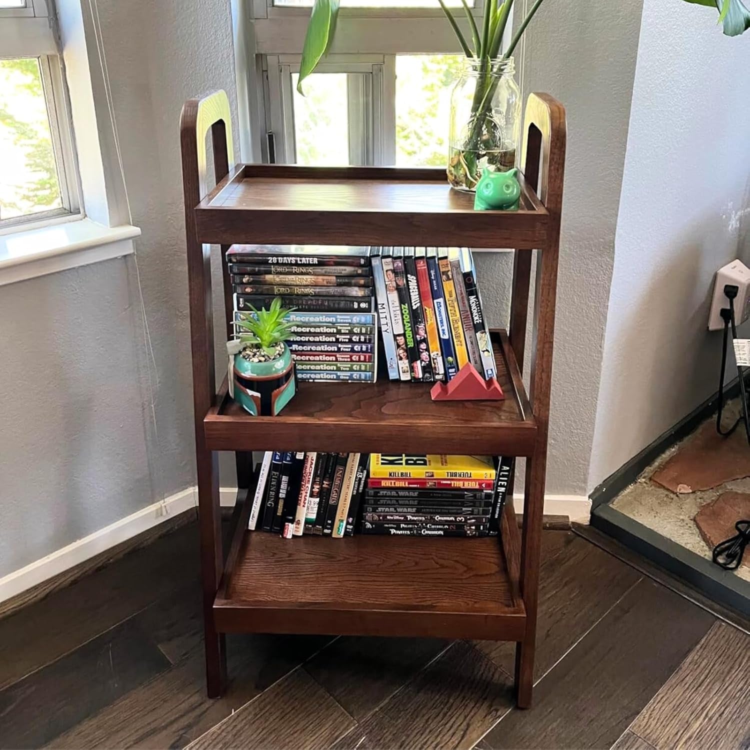 100% Solid Wood 3-Tiers Ladder Shelf, Small Bookcase, Ladder Bookshelf, End/Side Table for Living Room, Display Storage Open Shelf for Bedroom Kitchen Bathroom (Walnut Color)