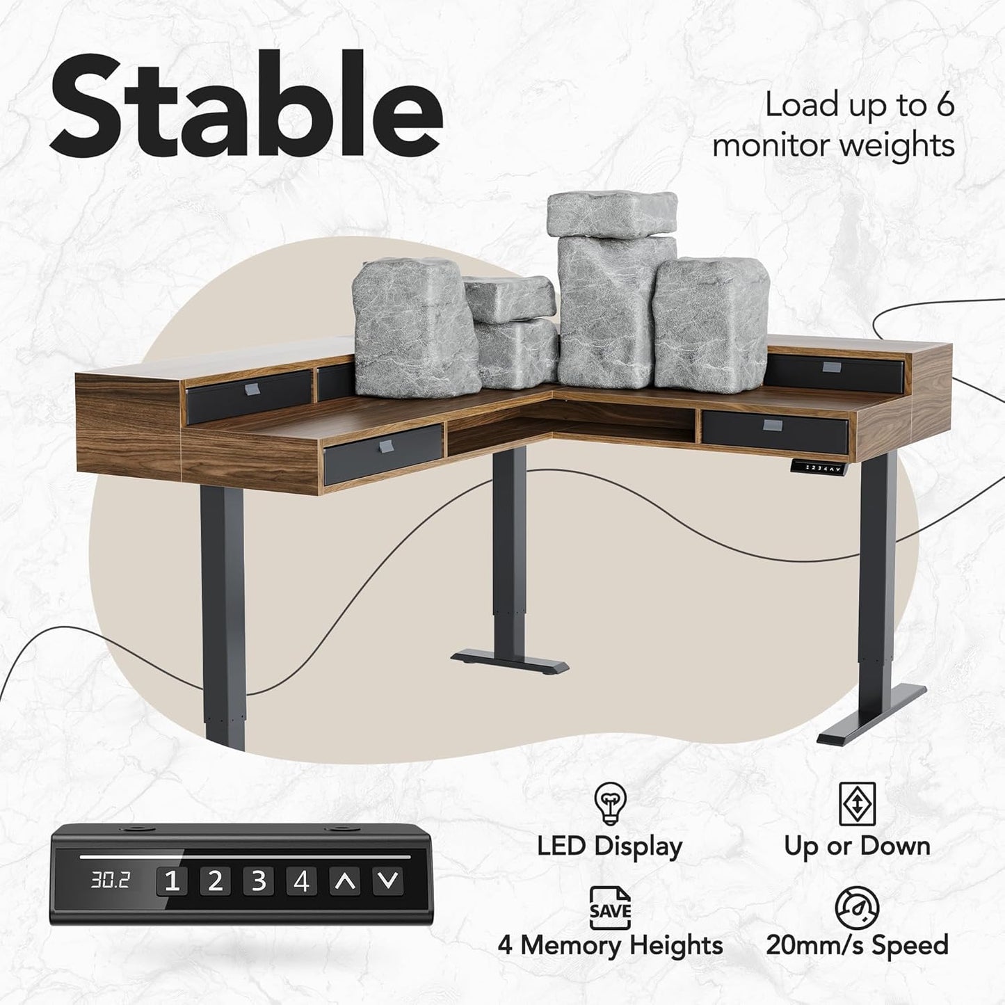 65.5" × 57.6" Electric L Shaped Standing Desk with 6 Storage Drawers, 2-Tier Corner Sit Stand Desk with Power Strip Tray & Cable Grommets, Height Adjustable Computer Gaming Table, Walnut