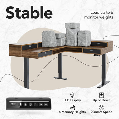 65.5" × 57.6" Electric L Shaped Standing Desk with 6 Storage Drawers, 2-Tier Corner Sit Stand Desk with Power Strip Tray & Cable Grommets, Height Adjustable Computer Gaming Table, Walnut