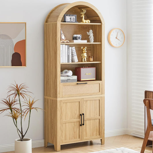 81" Tall Arched Bookcase, Arch Bookshelf with Doors Storage and Drawer, Modern Farmhouse Book Shelf with Adjustable Shelves, Wood Bookshelf W/Open Display for Living Room, Office Decor (Natural)
