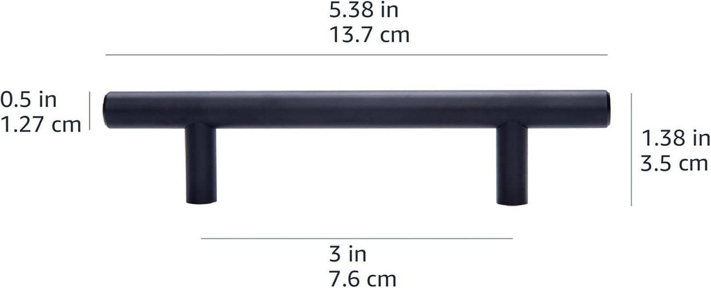 Euro Bar Cabinet Handles, Drawer Pulls, 5.38-Inch Length, 3-Inch Hole Center, 1/2-Inch Diameter, Matte Black, 10-Pack, AB1500-FB-10