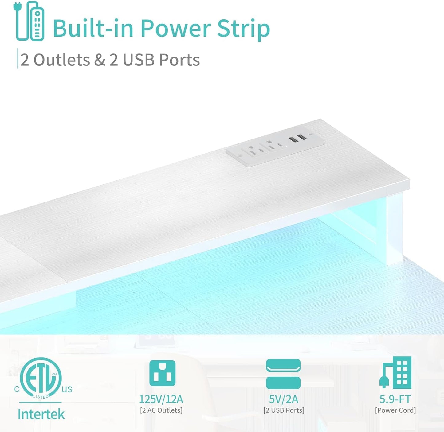 Gaming Desk with LED Lights and Power Outlets, 47 Inch Home Office Desks with Keyboard Tray, White Computer Desk with File Drawers Cabinet, Writing Table PC Desks with Monitor Stand, White