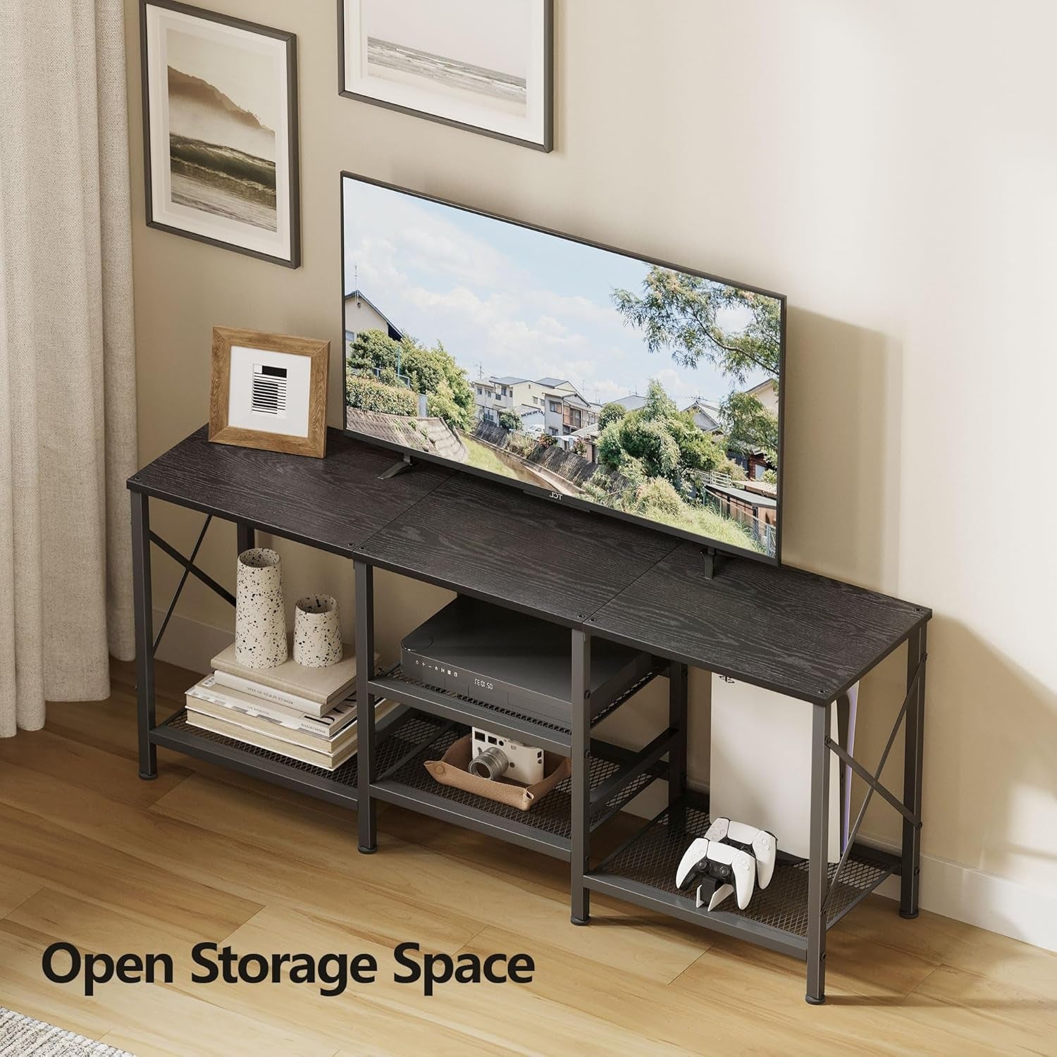 TV Stand for 55 Inch TV, Entertainment Center with 3-Tier Open Shelves, TV Console Table for Living Room, Bedroom, Black
