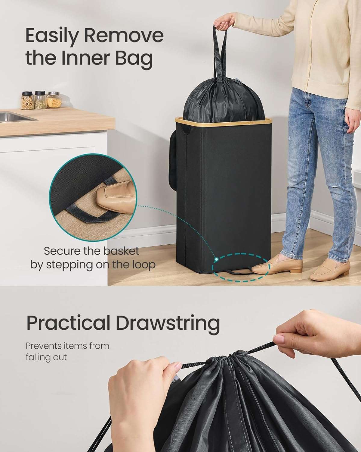 Recycling Bin for Kitchen 26.4 Gallon. Bottle Recycling Container, Collection Bin, for Metal, Plastic, Paper, Glass, Inner Bag with Handles, Kitchen, Ink Black and Natural Beige URRB509B01