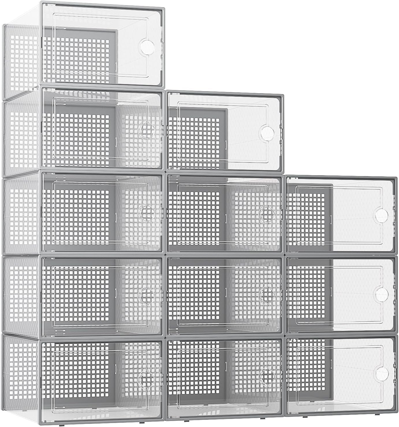 Xx-Large Shoe Storage Boxes Organizers Clear Plastic Stackable 12 Pack, Shoe Rack & Holder Substitute, Sneaker Containers, Toy Storage Organizer Bins for Entryway, Closet, under Bed, Grey