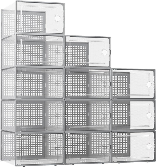 Xx-Large Shoe Storage Boxes Organizers Clear Plastic Stackable 12 Pack, Shoe Rack & Holder Substitute, Sneaker Containers, Toy Storage Organizer Bins for Entryway, Closet, under Bed, Grey