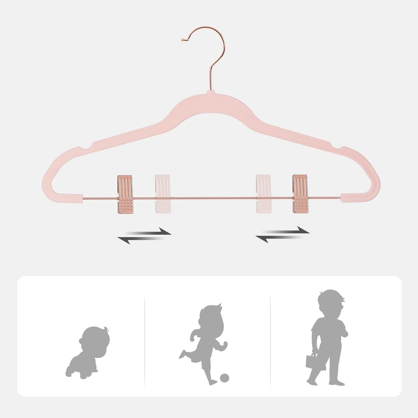 24 Pack Pants Hangers, 16.7 Inch Coat Hangers with Rose Gold Colored Movable Clips, Heavy-Duty, Non-Slip, Space-Saving, for Pants, Skirts, Dresses, Light Pink UCRF14PK24