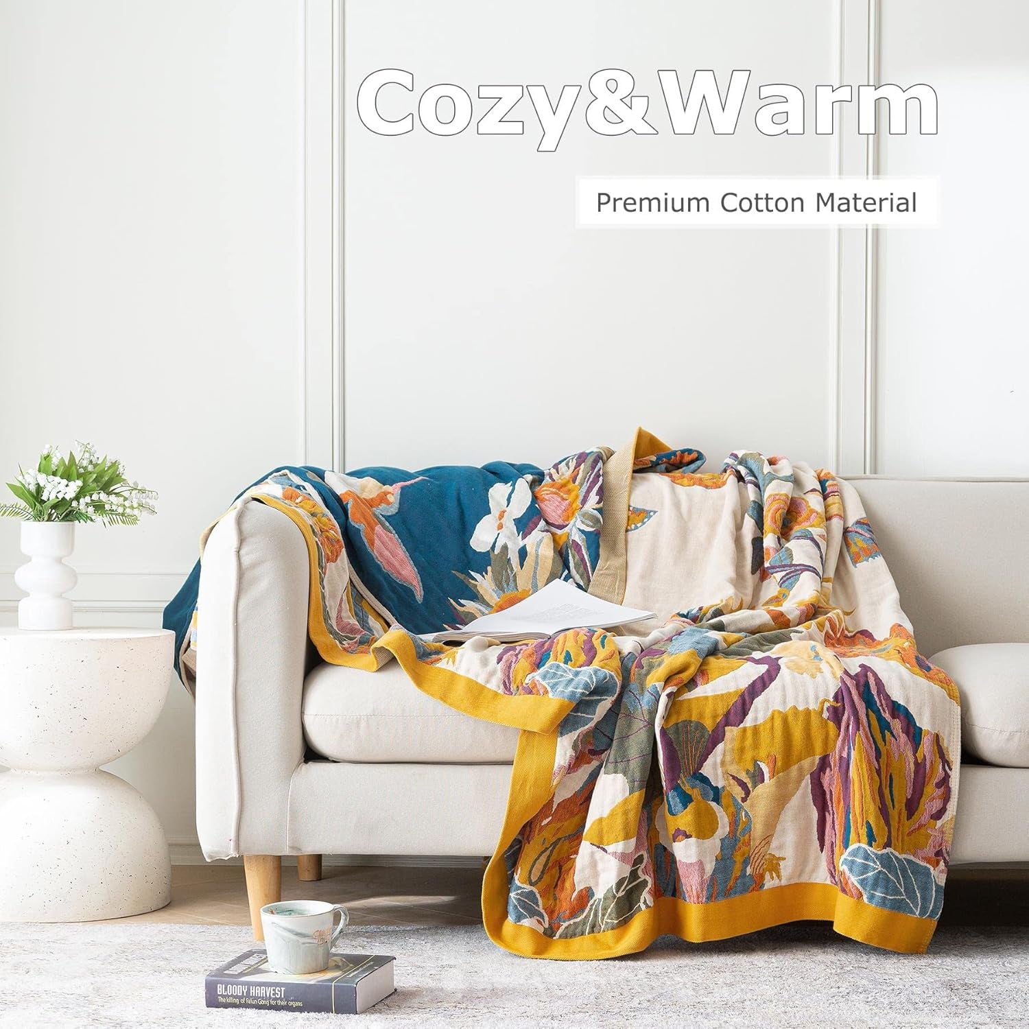 Boho Throw Blanket 100% Cotton Ultra Soft Bed Throw Large Fall Blanket Floral Bird and Butterfly Farmhouse Decor Bed Blankets,60"×80" All Season Blankets for Sofa Couch Chair