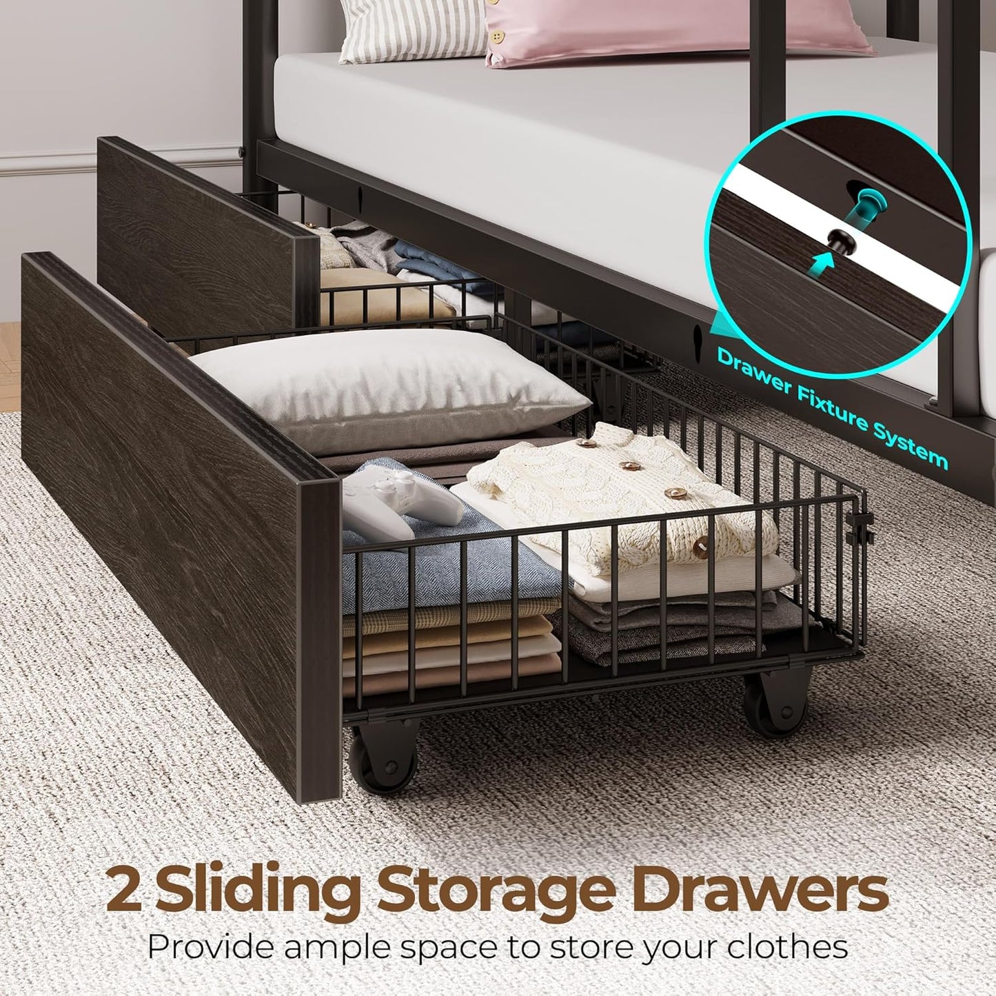 Metal Bunk Bed Full over Full with USB Charging Station, LED Bunk Bed with 2 Storage Drawers, Bed with Safety Guardrail & Ladders, No Box Spring Needed, Easy Assembly, Black