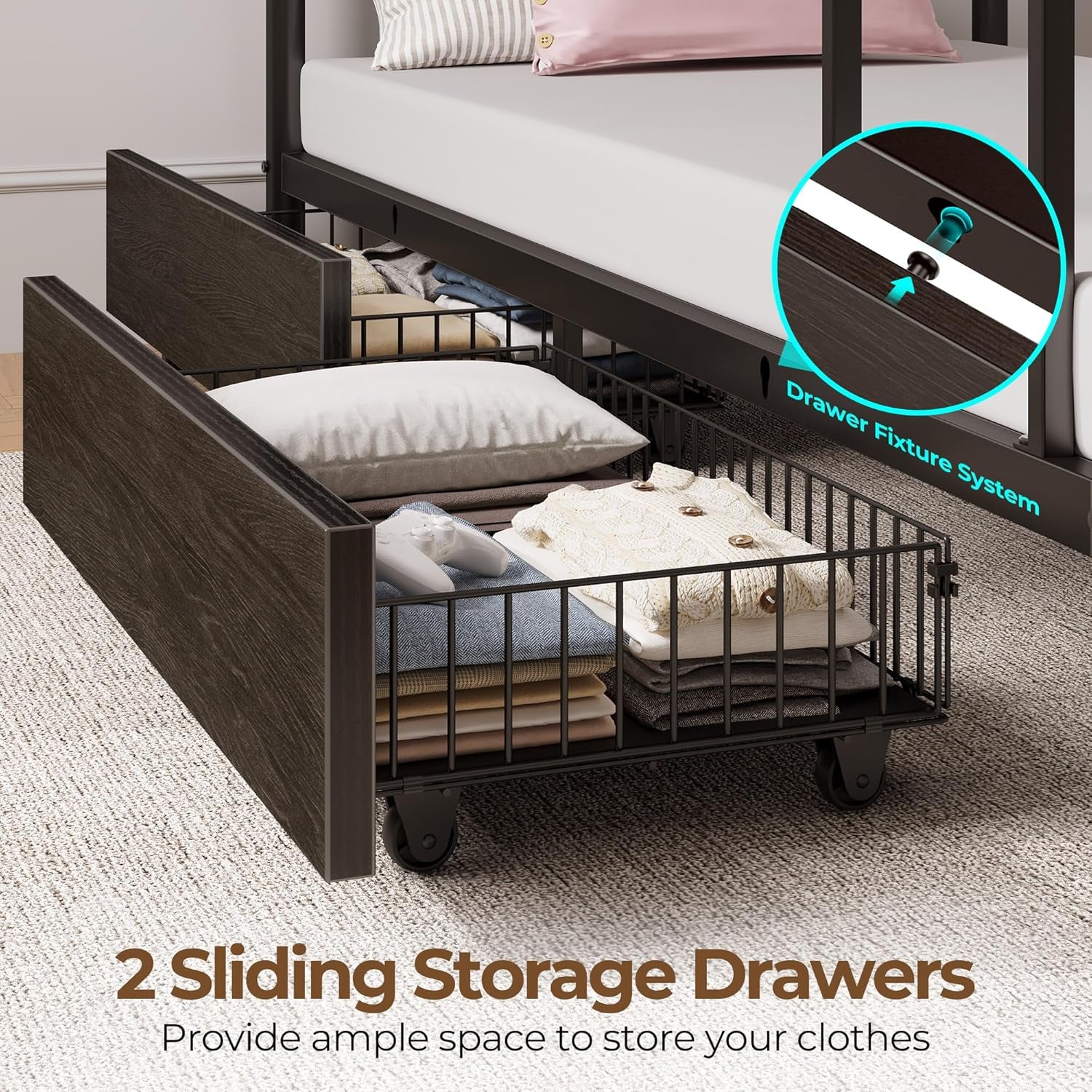 Metal Bunk Bed Full over Full with USB Charging Station, LED Bunk Bed with 2 Storage Drawers, Bed with Safety Guardrail & Ladders, No Box Spring Needed, Easy Assembly, Black