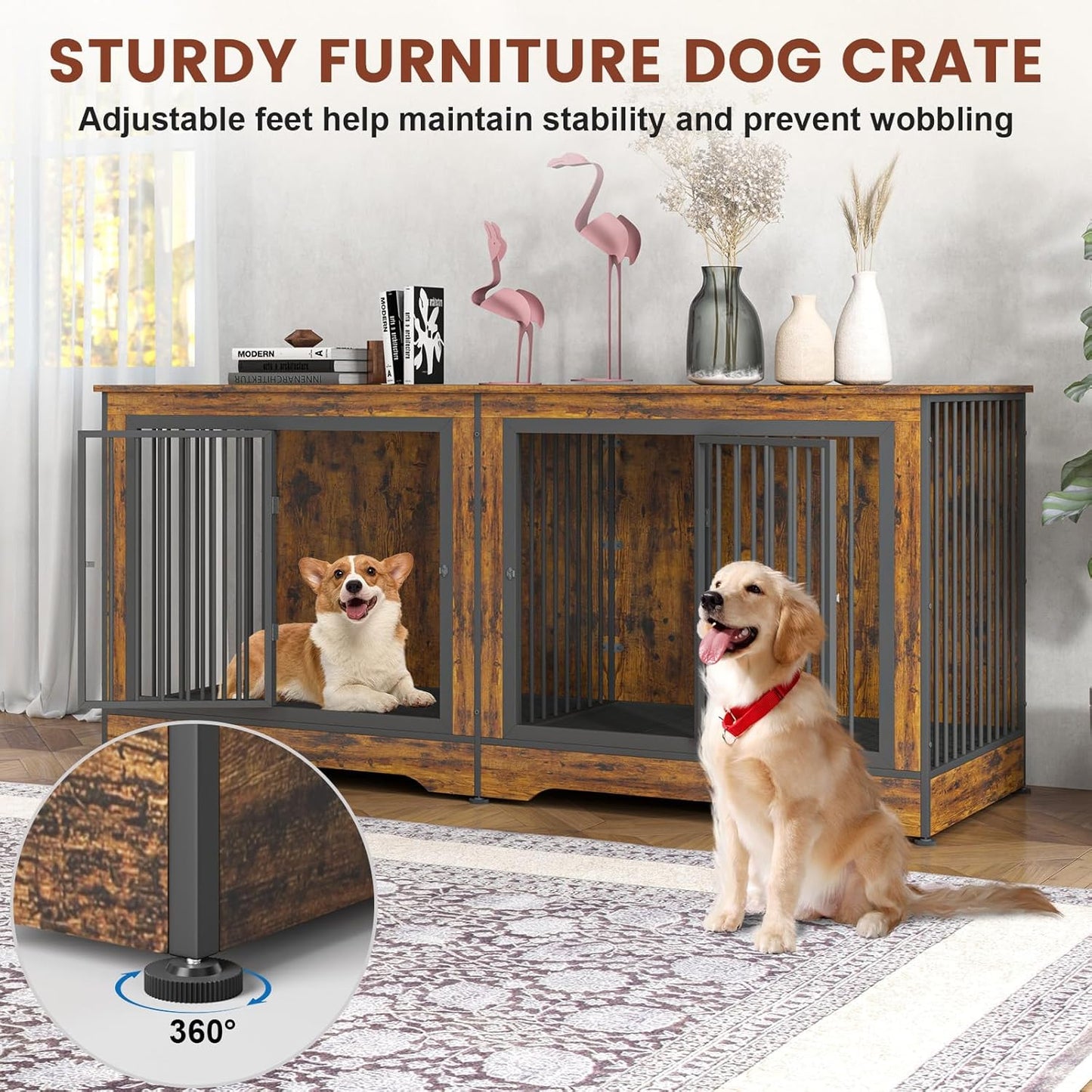 3-In-1 75 Inch Double Dog Crate Furniture for 2 Large Dogs Durable Rustic Brown TV Stand Dog Crate with Trays and Divider