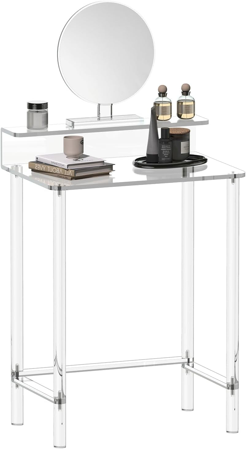 Acrylic Small Vanity with Mirror - 23.6'' L X 15.8'' W X 33.9'' H - Modern Makeup Vanity Desk for Small Spaces - Clear Makeup Table Dressing Table, for Bedroom, Cloakroom