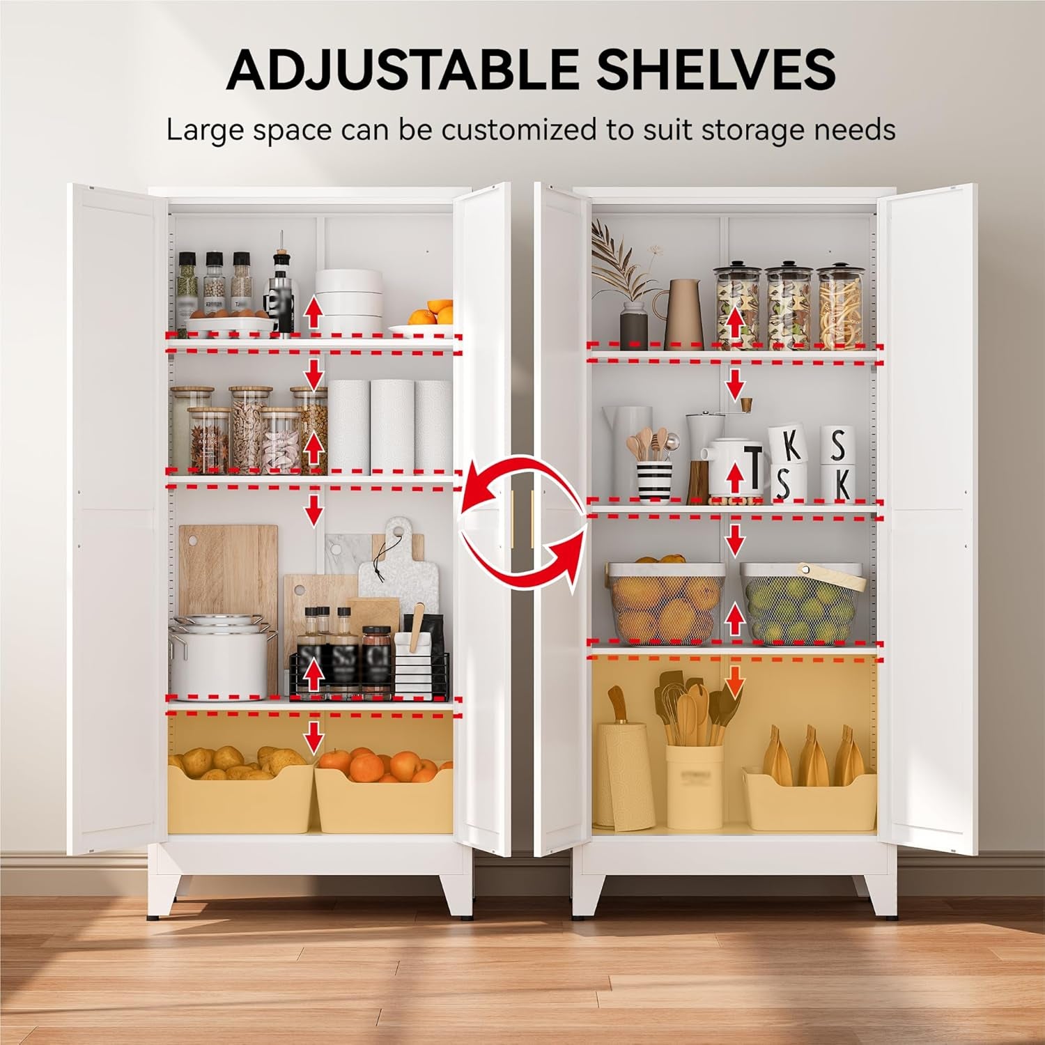 61" Tall Pantry Cabinet with Adjustable Shelves, White Storage Cabinet with Doors and Shelves, Sturdy Freestanding Cupboard for Kitchen Pantry, Bathroom Storage, Living Room & Office