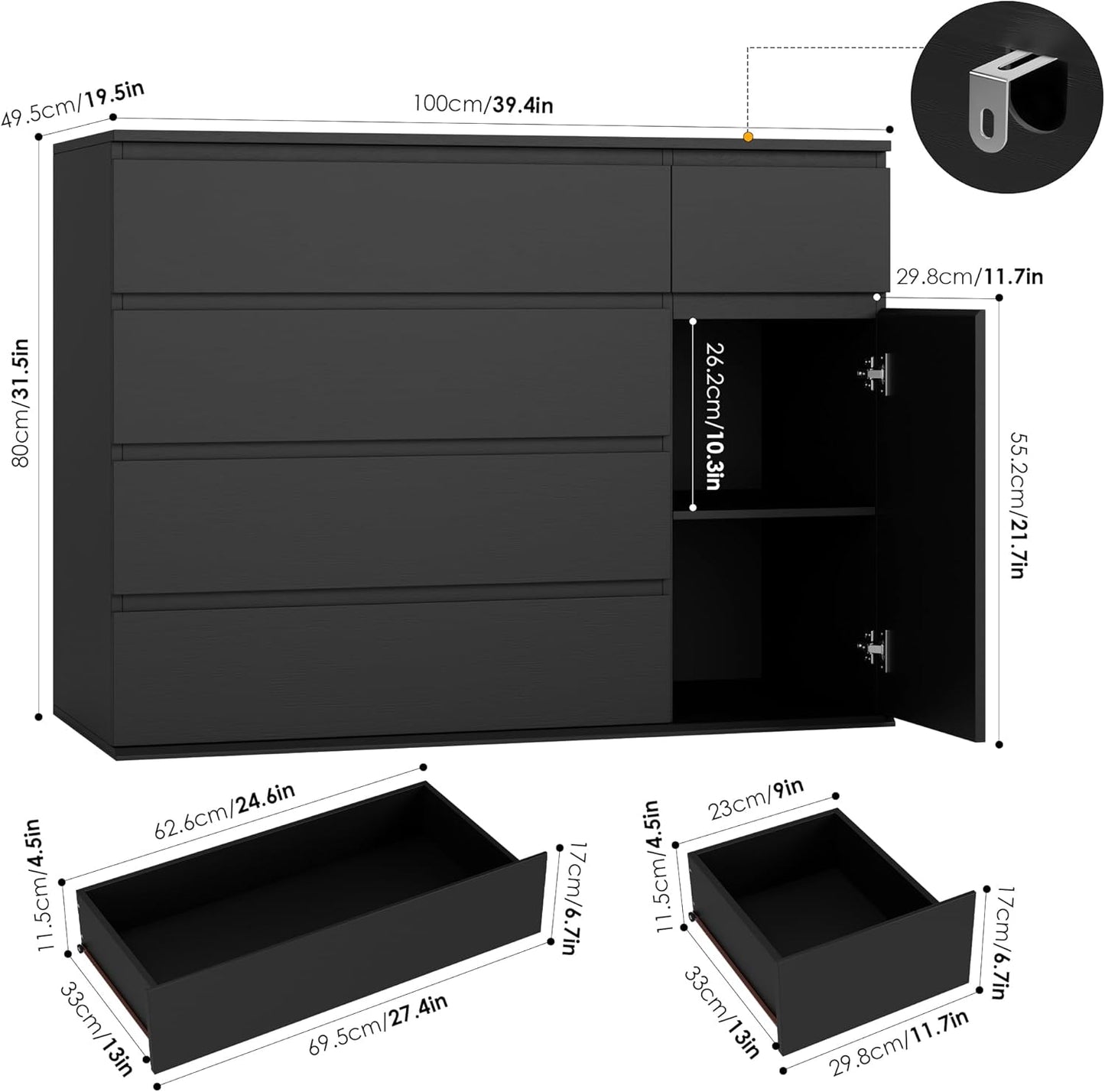 5 Drawer Dresser, Black Dresser for TV Stand, Double Wide Storage Chest of Drawers with Door, Deep Drawers and Wide Storage Space