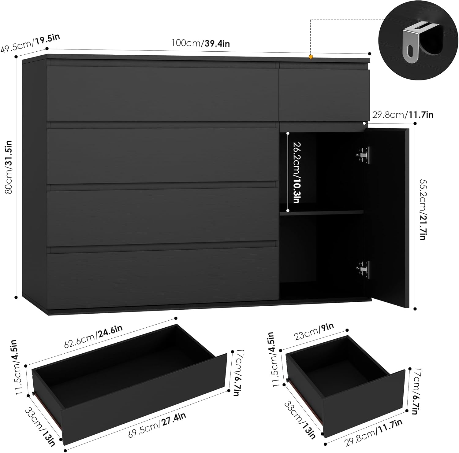 5 Drawer Dresser, Black Dresser for TV Stand, Double Wide Storage Chest of Drawers with Door, Deep Drawers and Wide Storage Space