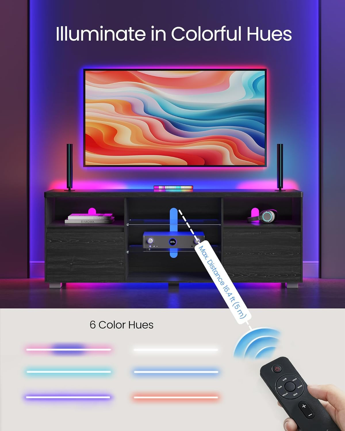 TV Stand with LED Lights for Tvs up to 70 Inch, Entertainment Center with Open Glass Shelves, 2 Cabinets with Doors, 63-Inch Long, TV Console for Bedroom Living Room, Black ULTV330T21