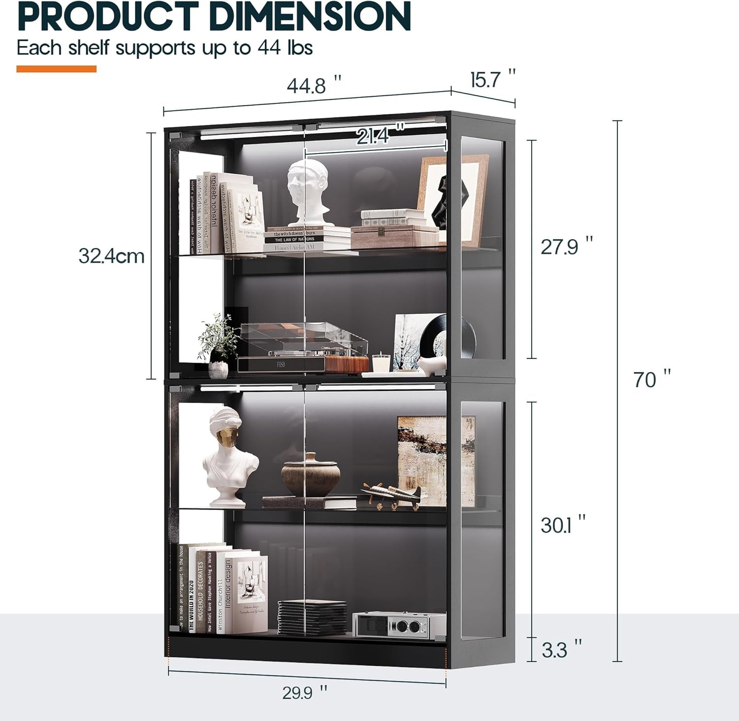 RGB Display Cabinet with Adjustable Glass Shelves, 4-Tier Storage Case with LED Lights & Press-To-Open Doors, Modern Display Shelf for Collectibles, Black 70" H×45" L×16" D
