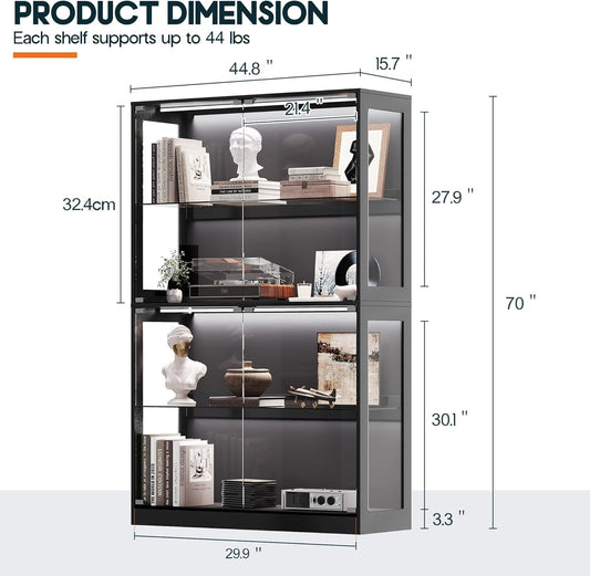RGB Display Cabinet with Adjustable Glass Shelves, 4-Tier Storage Case with LED Lights & Press-To-Open Doors, Modern Display Shelf for Collectibles, Black 70" H×45" L×16" D