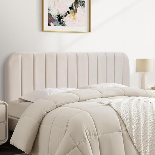 Upholstered Headboard - Striped Interval - Adjustable Height - Metal Legs - Bed Frame (Beige, Queen (U.S. Standard))