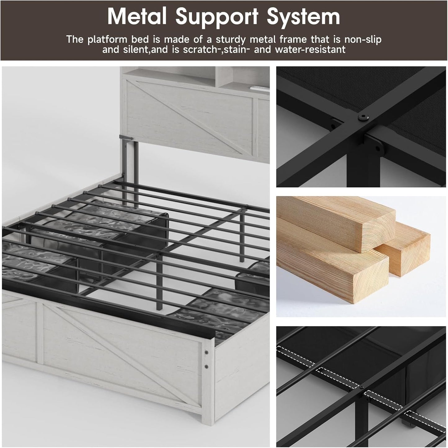 Farmhouse Queen Size Bed Frame with 48" Tall Storage Headboard, Wood Bedroom Platform Bed Frame No Box Spring Needed, 4 Storage Drawers Underneath, Adjustable LED Lights, Charging Station