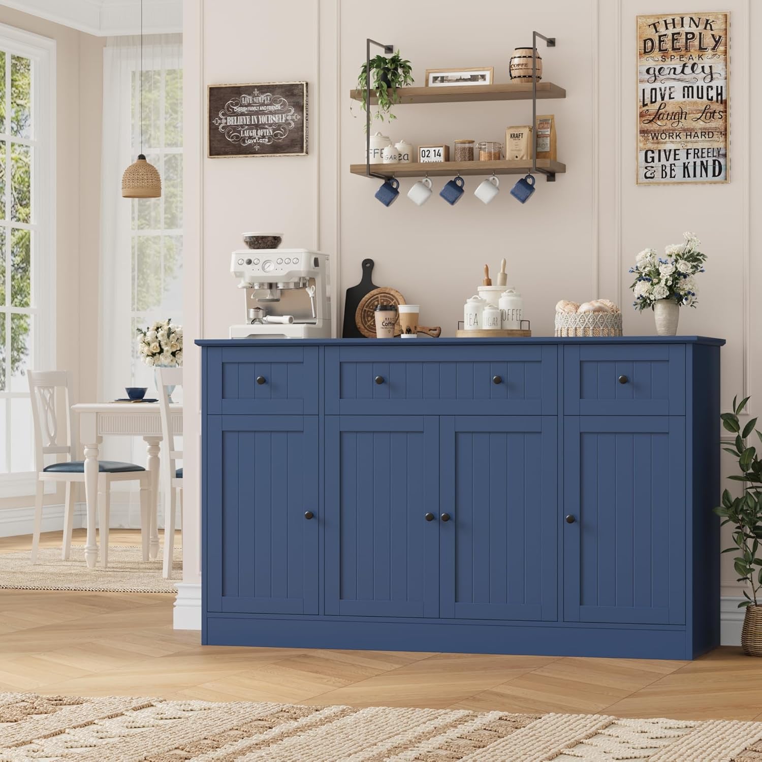 55" Sideboard Buffet Cabinet with Storage, Modern Kitchen Buffet Storage Cabinet with Drawers, Wood Coffee Bar with Adjustable Shelves, Large Sideboard for Kitchen, Living Room, Blue